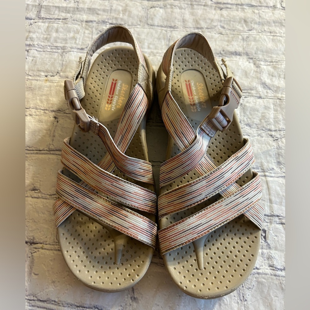 SKECHERS RAGGAE WASHABLE SPORT SANDALS LOVE WINS TAUPE MULTI WOMEN’S SIZE 8
